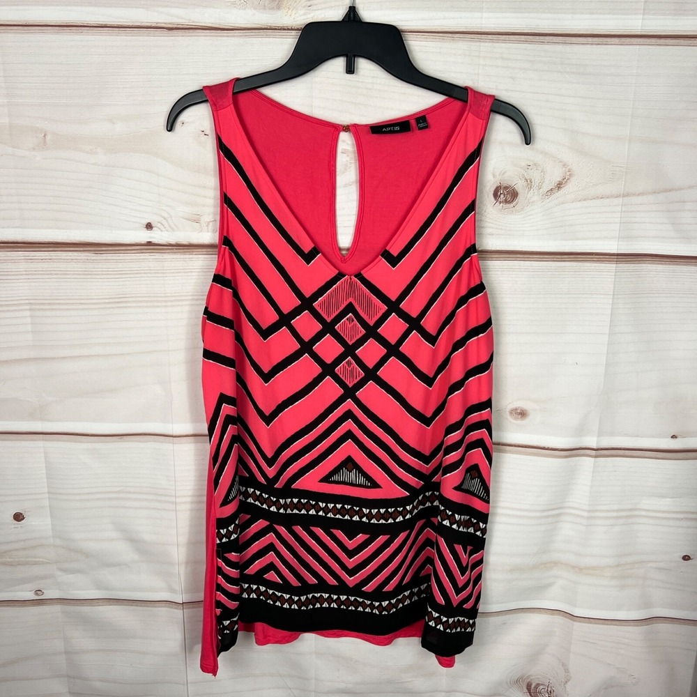 Apt 9 Top Womens L Pink Black Geometric Tank V-Neck Tunic Sleeveless Woven Knit